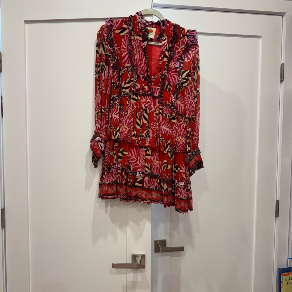 FARM Rio Red and Black Floral Long Sleeve Dress